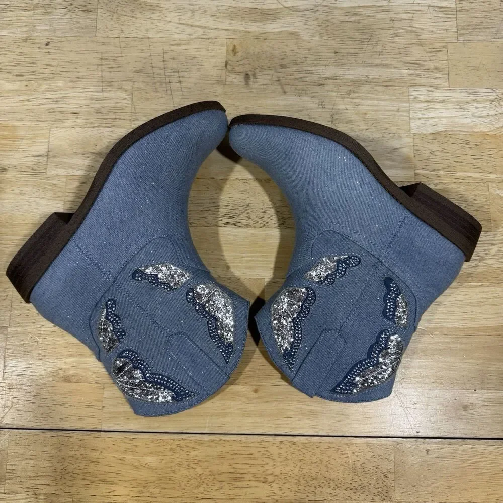 Madden Girl Misses Girls' MTINAA Denim Rhinestone Cowboy Short Boots Size 5 NEW